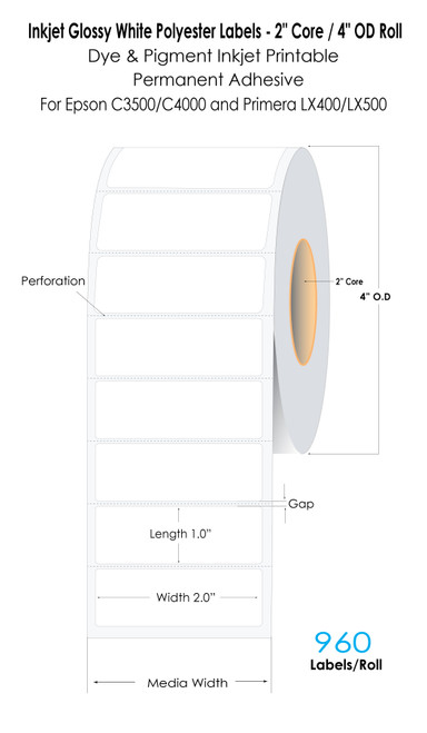 C4000/TM-C3500/LX500 2" x 1" Inkjet White Polyester Labels 960/Roll | 2" Core/4" OD