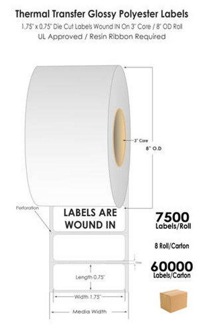 Thermal Transfer 1.75\" x 0.75\" Gloss Polyester UL Labels 60000 Labels/Carton | 7500/Roll | Wound-IN | 3\" Core/8\"OD | SR30LT-18391 Image 1