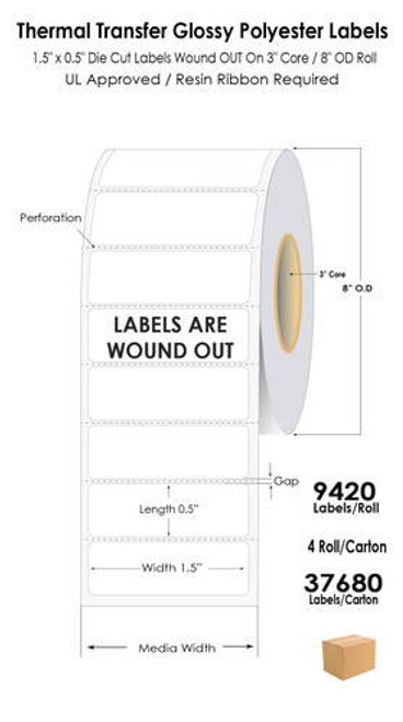 Thermal Transfer 1.5\" x 0.5\" Gloss Polyester UL Labels 37680 Labels/Carton | 9420/Roll | Wound-OUT | 3\" Core/8\"OD | SR30LT-53080 Image 1