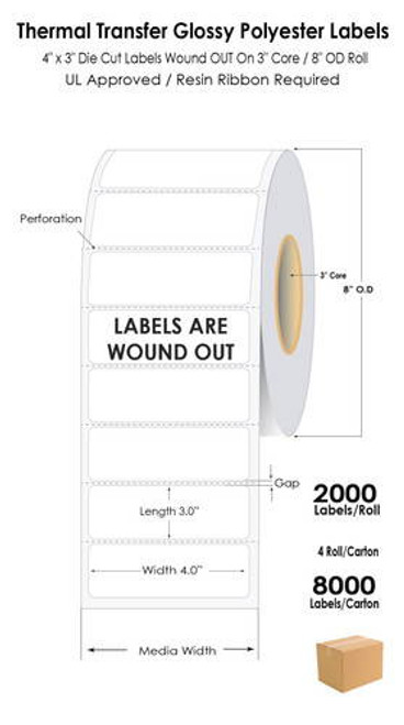 Thermal Transfer 4\" x 3\" Gloss Polyester UL Labels 8000 Labels/Carton | 2000/Roll | Wound-OUT | 3\" Core/8\"OD | SR30LT-53088 Image 1