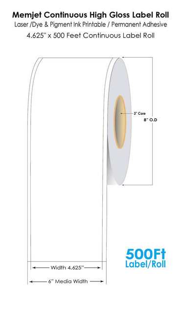 Memjet 4.625" x 500Ft Continuous High Gloss Label Roll, 3" Core/8" OD 6" Media width, Matrix ON