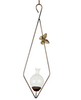 Diamond hanging rooting vase with Brass Butterfly accent and handblown glass vase without a plant