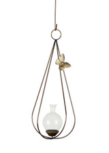 Dimensional teardrop hanging rooting vase with Brass Butterfly accent, handblown glass, and copper-coated finish without plant