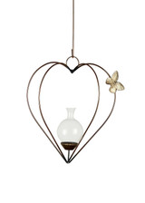 Dimensional heart hanging rooting vase with copper finish, Brass Butterfly accent, and handblown glass vase. without plants showing the hanger, vase and hanging with the matching hook