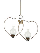 Double heart hanging rooting vase with copper finish hanger, Brass Butterfly accent, and two handblown glass vases.