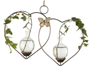 Double heart hanging vase with Brass Butterfly accent and pothos cutting