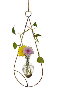 Minimalist teardrop hanging glass rooting vase with copper frame and matching hook