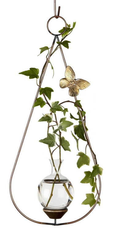 Teardrop hanging rooting vase with Brass Butterfly accent and handblown glass vase with ivy plant in water