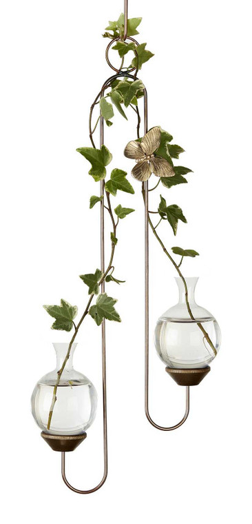 Double hanging rooting vase with Brass Butterfly accent and two handblown glass vases with ivy plant cuttings