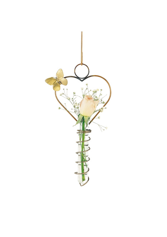 Heart hanging glass tube vase with single rose and matching hook