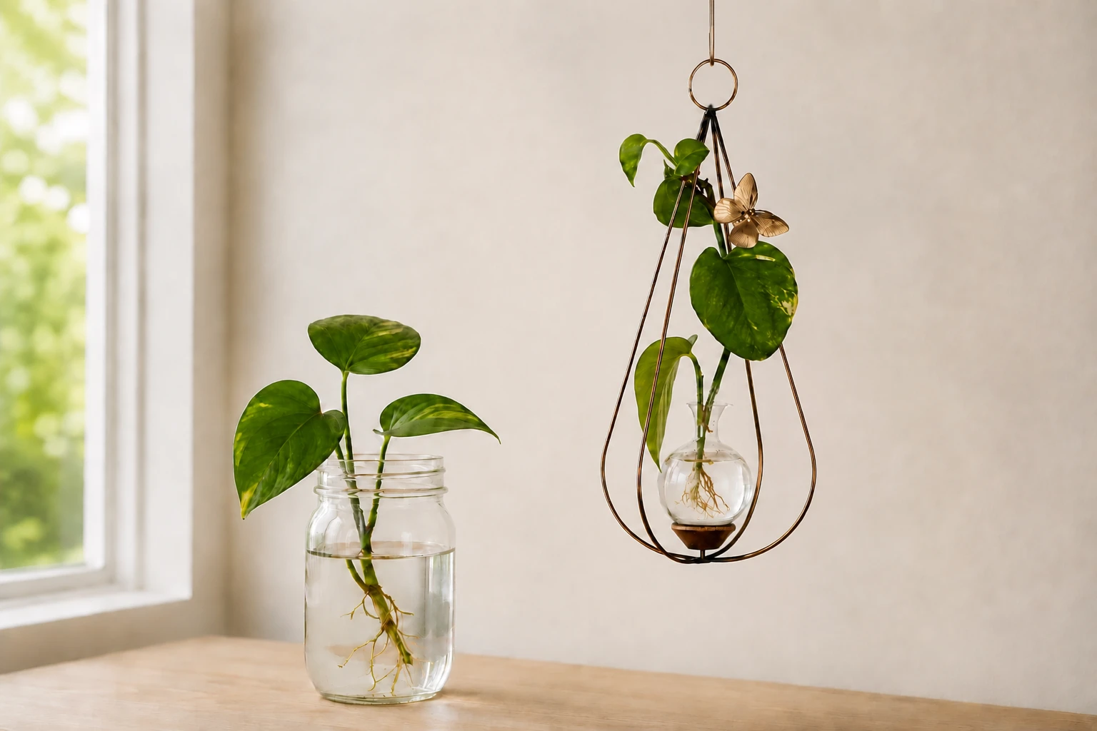 Plant cuttings growing in a glass jar beside a Brass Butterfly hanging propagation vase