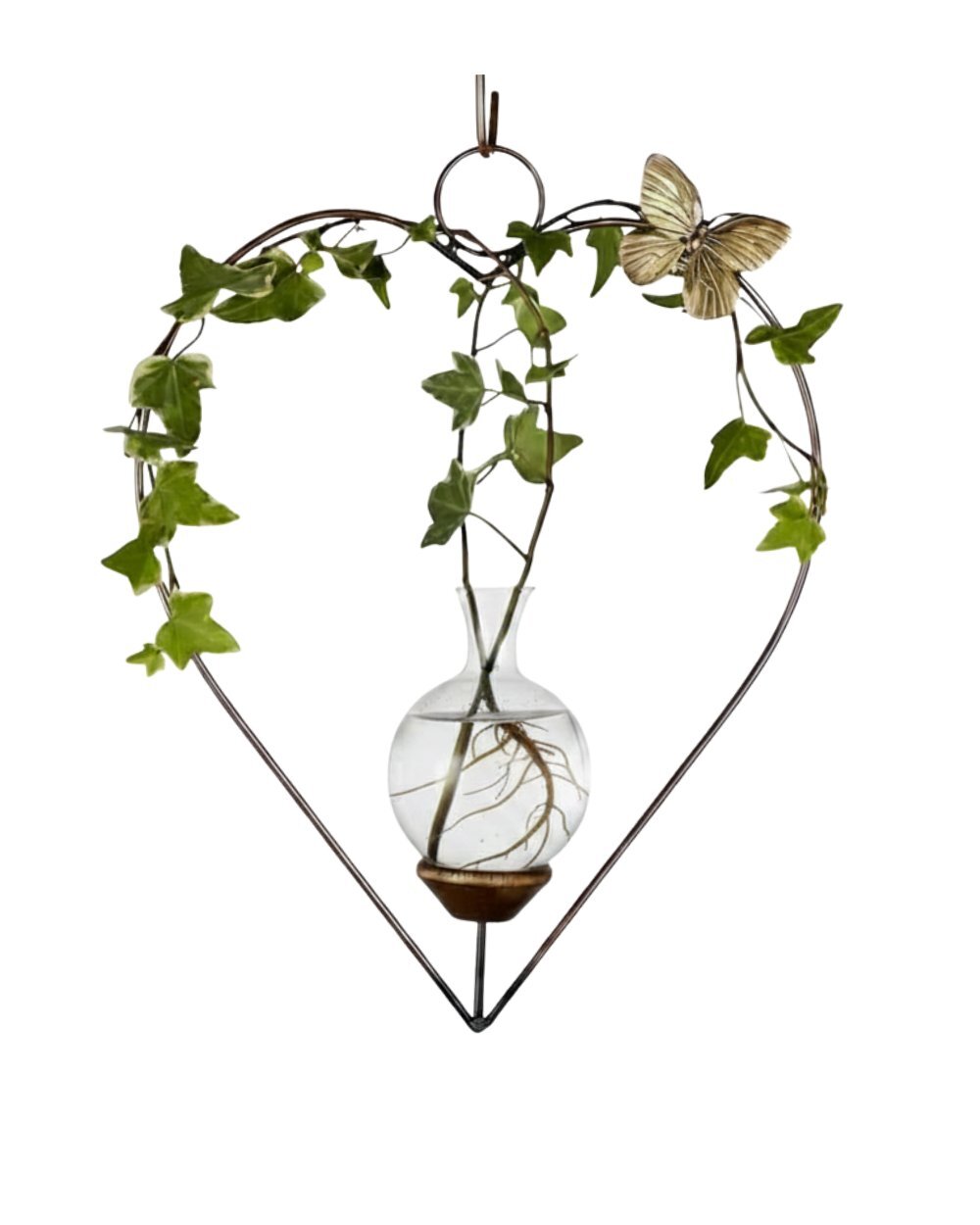 Handcrafted heart-shaped hanging propagation vase with glass vessel and ivy plant cutting 