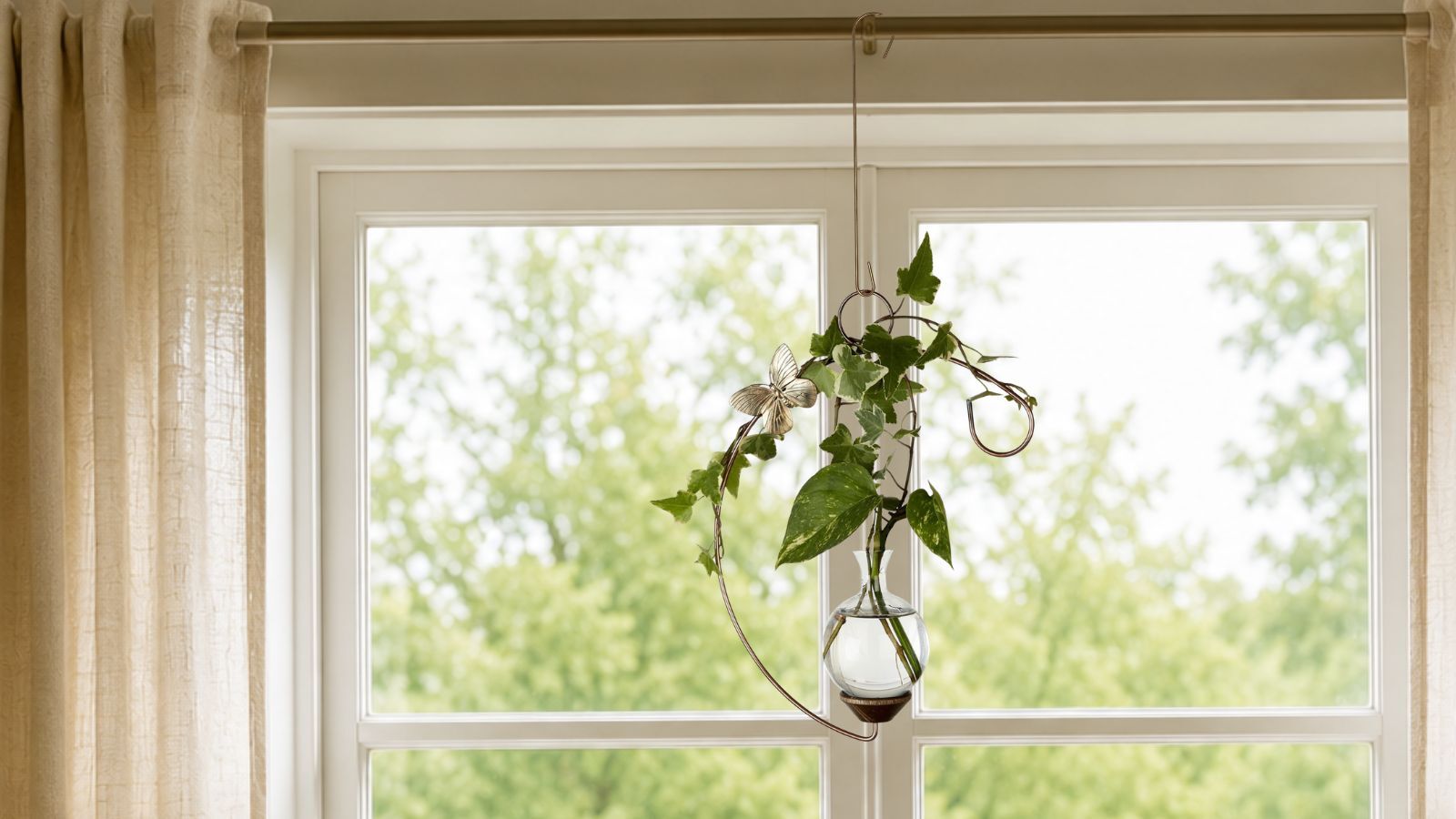 Handcrafted crescent hanging propagation vase with hand-blown glass and plant cutting in window