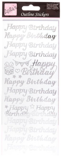 Outline Stickers - Happy Birthday - Silver on White