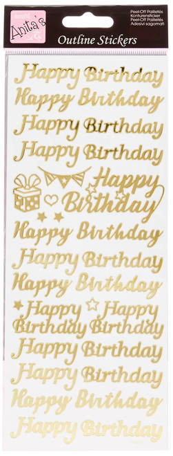 Outline Stickers - Happy Birthday - Gold on White