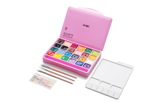HIMI Jelly Cup Gouache Set - 24 Colours + 3 Brushes (Pink Case)