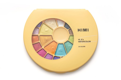 HIMI Semi-Moist Watercolour Set - 24 Colours in Pans + Brush (Yellow Case - Meta