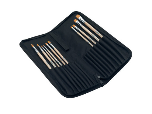 Budget Set of 10 Polyester Brushes (Round, Flat, Cat Tongue) with a Zipable Brush Organiser