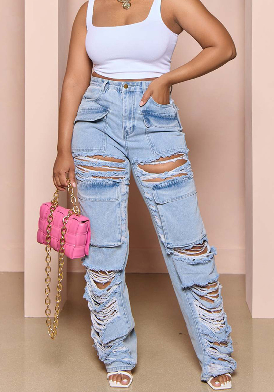 ShomPort Women's Casual Loose Ripped Denim Pants Distressed Wide Leg Side  Slit Jeans - Walmart.com