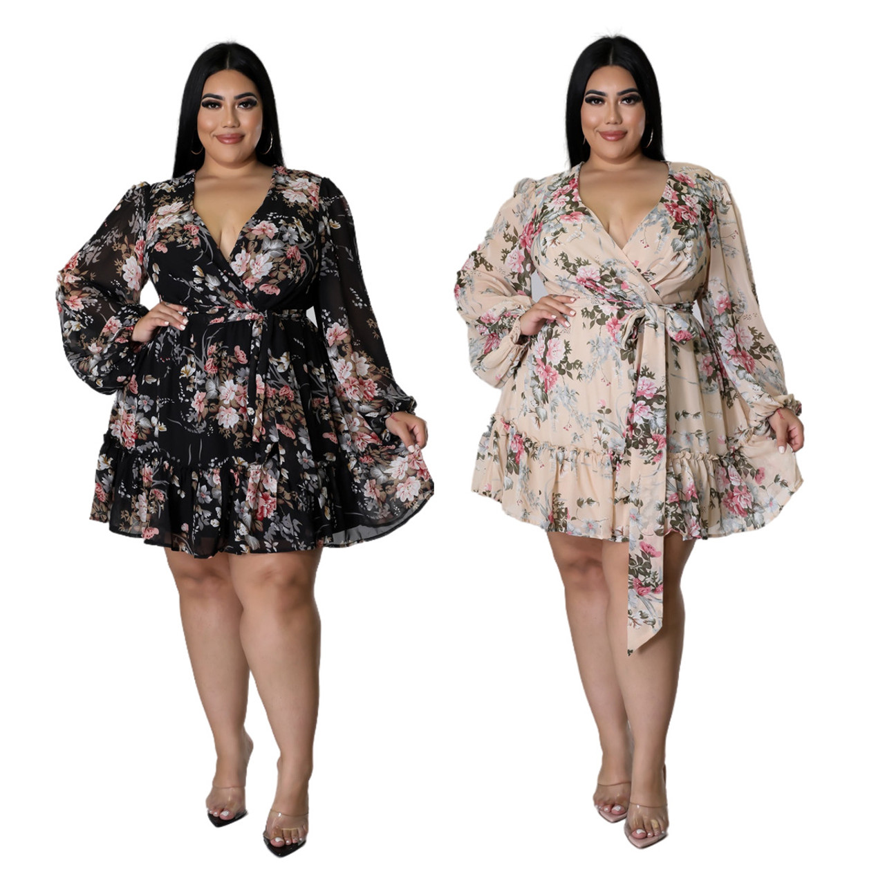 Women Clothes Plus Size Floral Print Wrap Long Sleeve Loose Sexy Dress