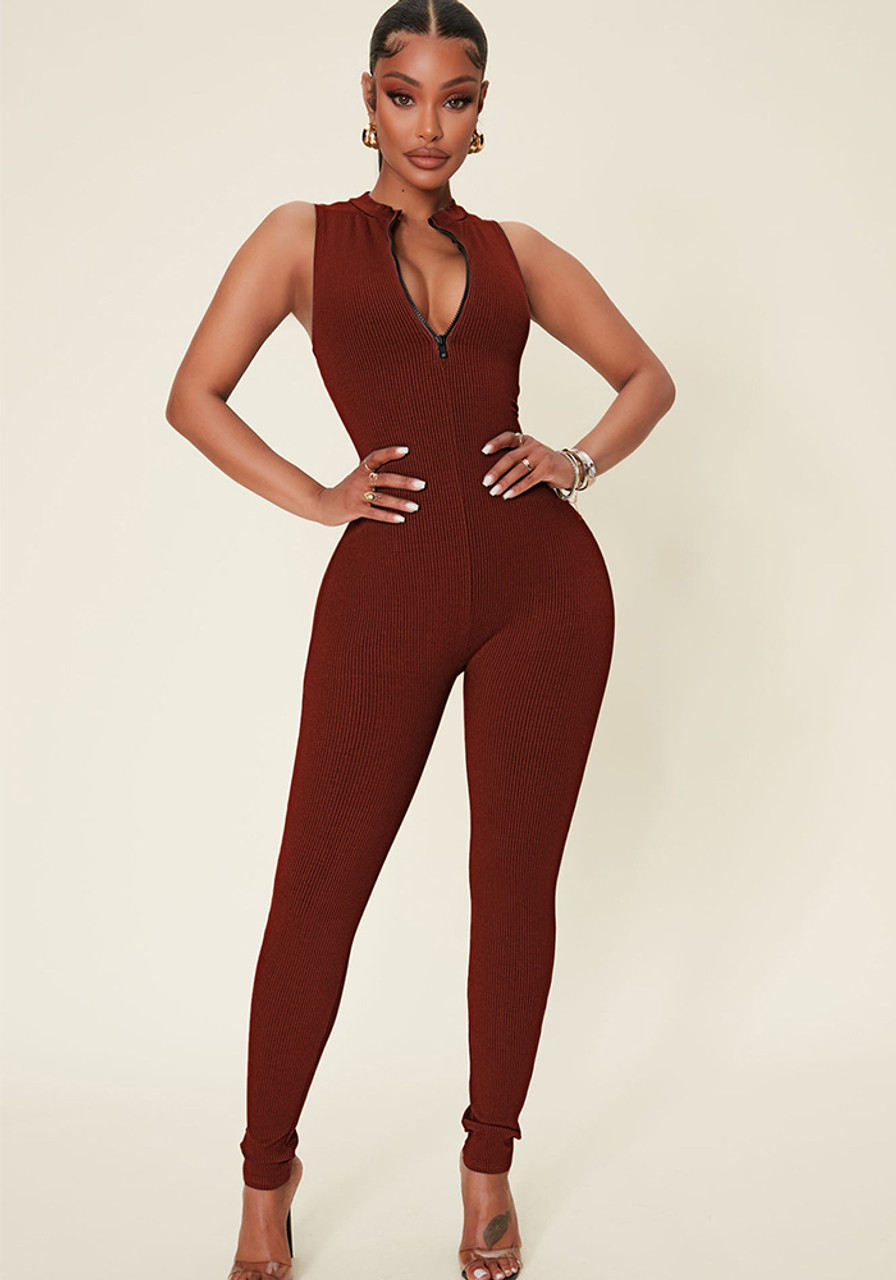 Women Spring Casual Ribbed Sleeveless Zip Jumpsuit - The Little