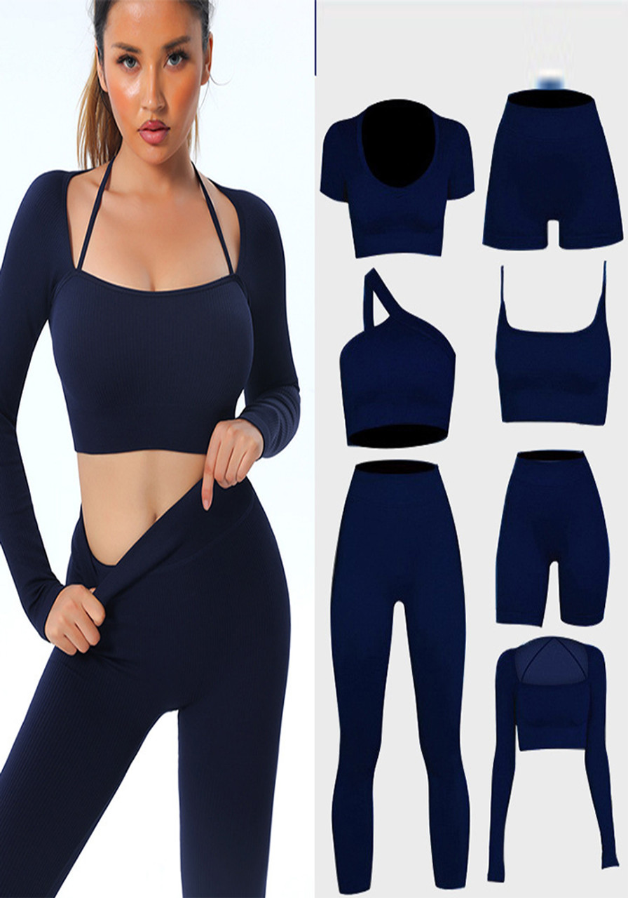 Ribbed Seamless Yoga Wear Long Sleeve Tracksuit Yoga Tank Top One-Piece Yoga  Pants Women Gym Pants - The Little Connection