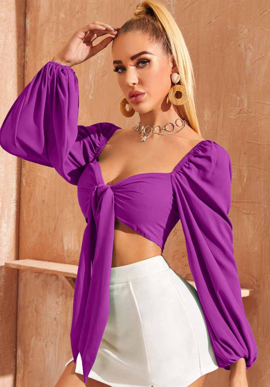 Women Sexy Tie Puff Sleeve Long Sleeve Crop Shirt