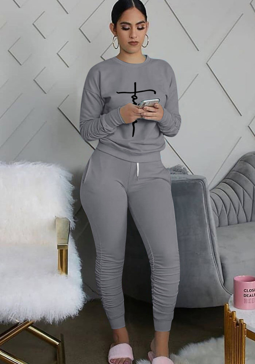 round neck long sleeves top pants set