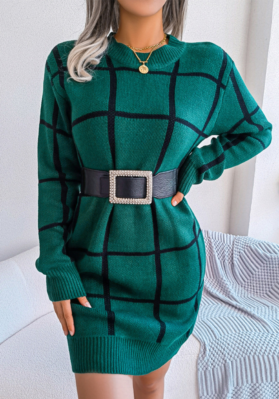 Fall/Winter Casual Contrast Plaid Long Sleeve Basic Sweater Dress - The  Little Connection