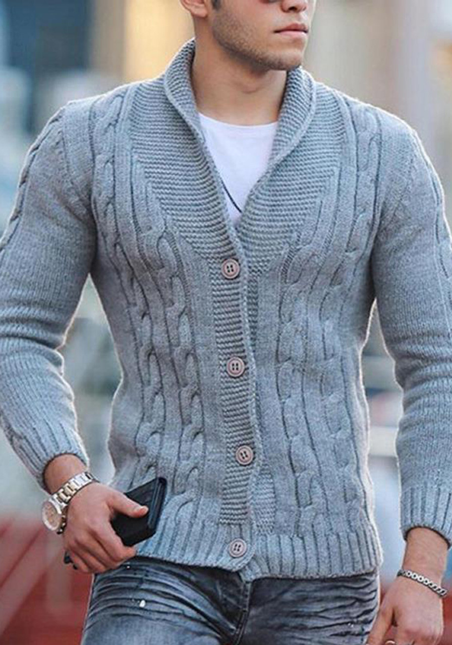 Men'S Fall/Winter Fashion Turndown Collar Long Sleeve Slim Knitting Shirt  Plus Size Cardigan Sweater