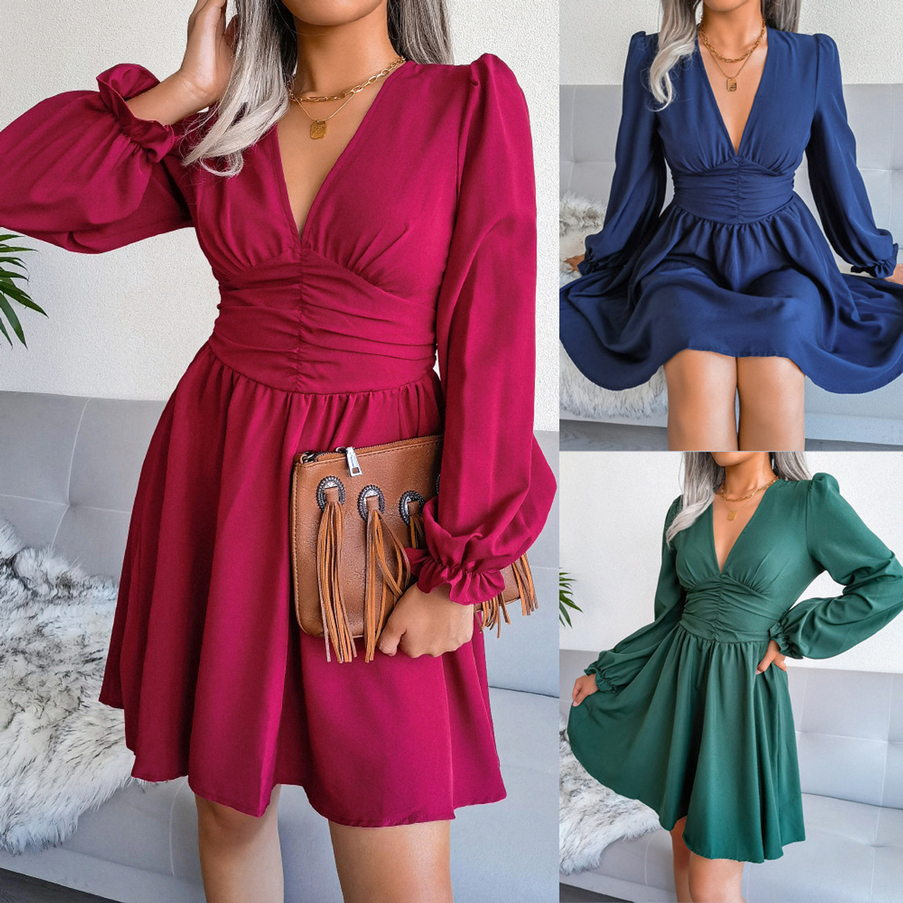 Women's Solid Deep V Neck Long Sleeve Pleated Dress New Product Plus Size  Dress Hot Pink XL