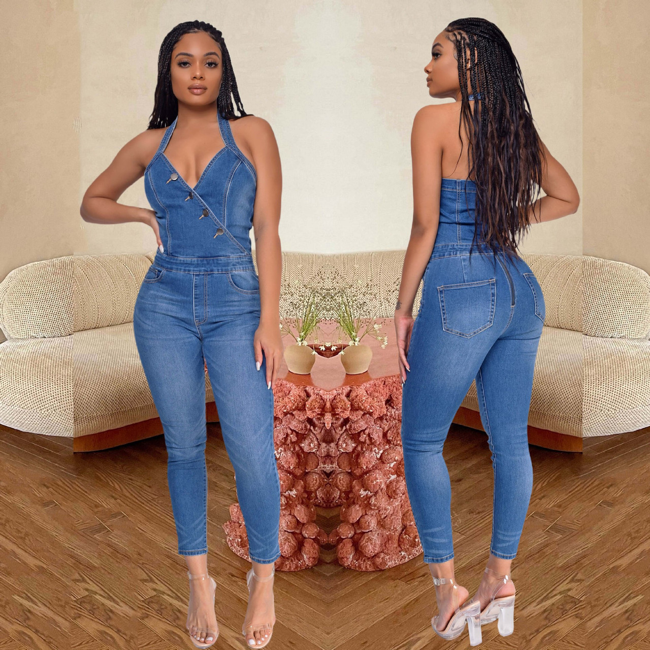 eyelet Sleeveless Denim 3/4 Women's Jumpsuit : Amazon.in: Fashion