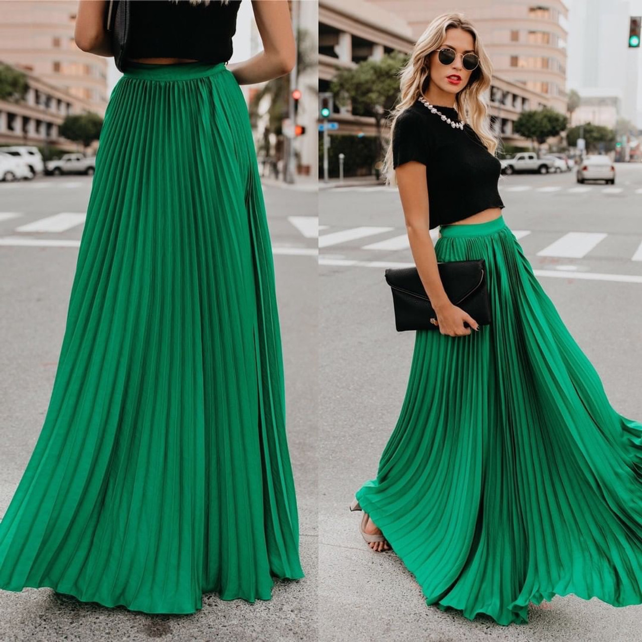 Solid Color Size High Waist Women's Pleated Long Skirt - The Little Connection