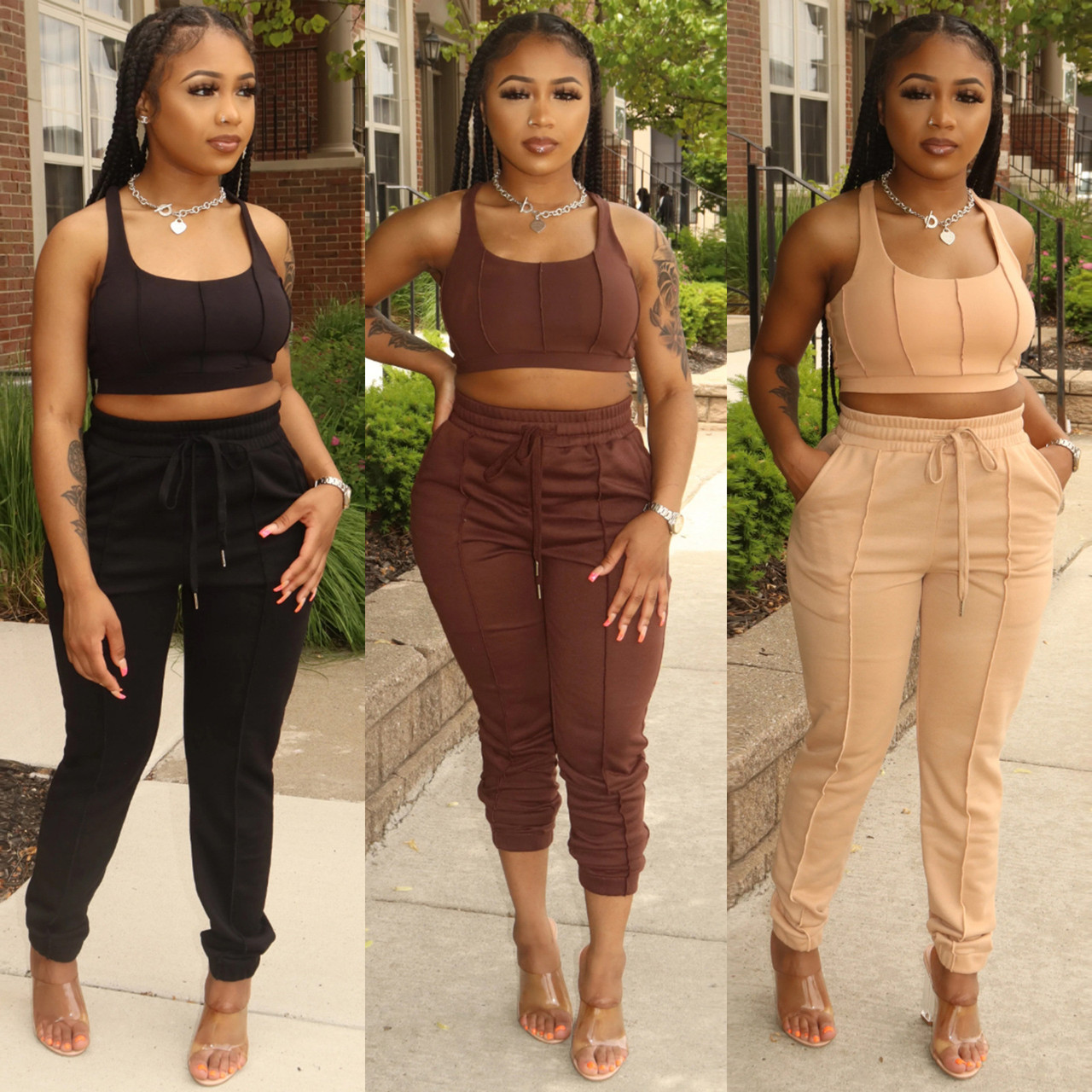 Women Clothes Fashion Casual Contrast Color Sleeveless Crop Tank Pants Two  Piece Set - The Little Connection