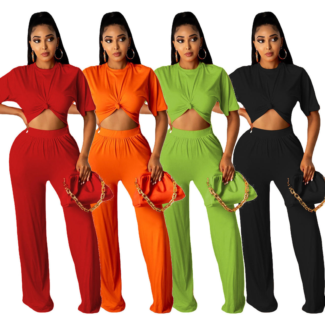 Women's Fall Fashion Loose Crop Short Sleeve Top Trousers Casual Two Piece  Set