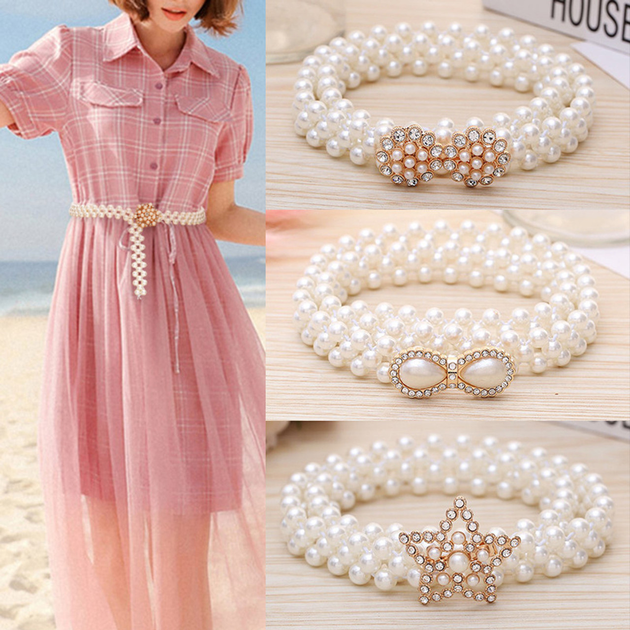 Pearl Belt Ladies Fashion Decorated Rhinestone Elastic Belt Chic Thin  Belt(MOQ 2)