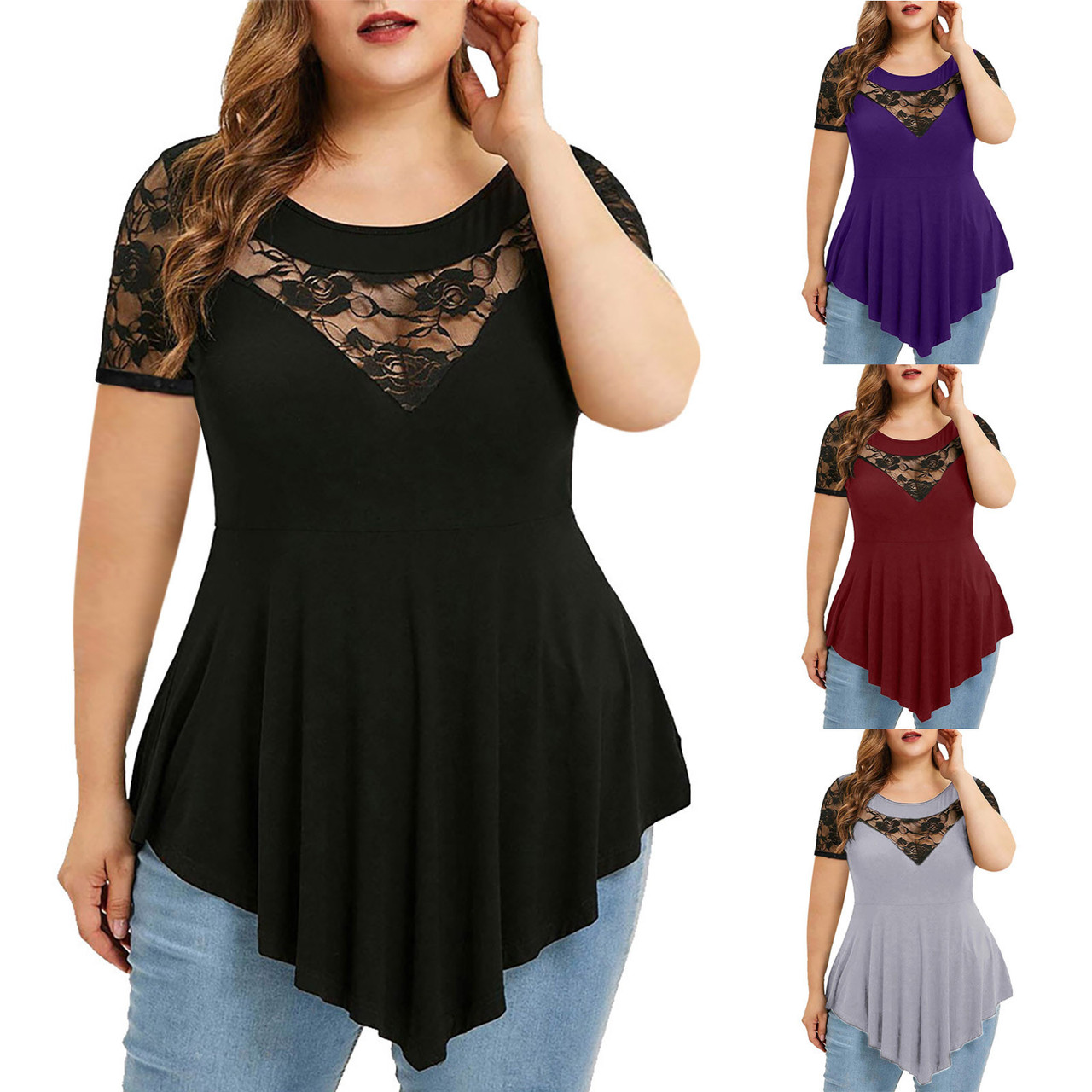 Womens Plus Size Floral Lace Short Sleeve Irregular See-Through