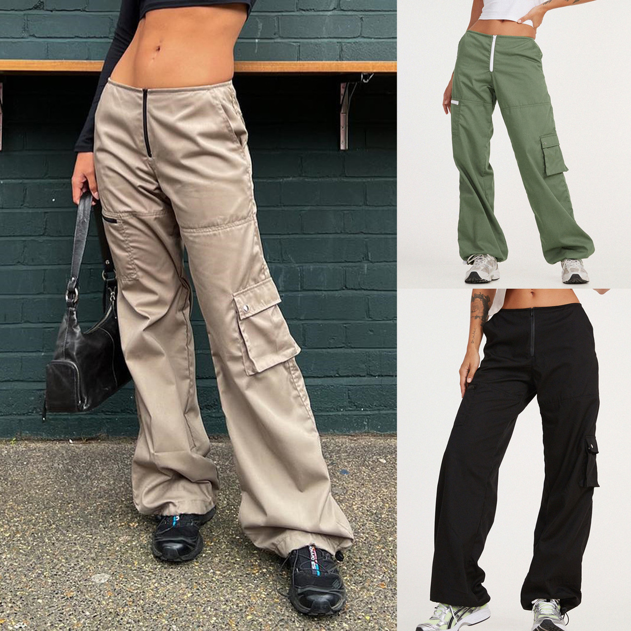 Women Black Denim Baggy Fit Cargo Pants