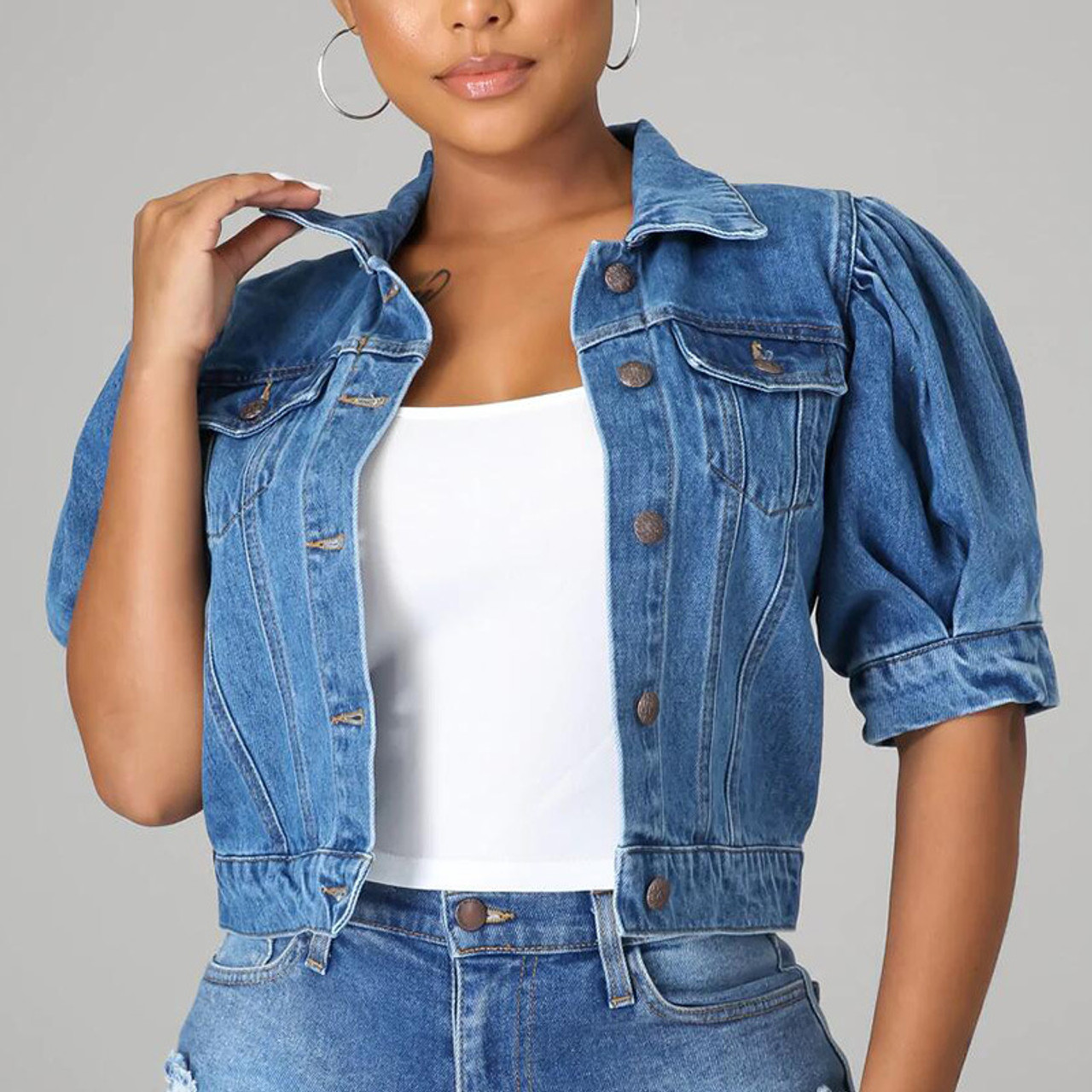 LifeShe Women's Short Sleeve denim jacket Shirt Puff Sleeve Cropped jean  Jackets Shacket at Amazon Women's Coats Shop