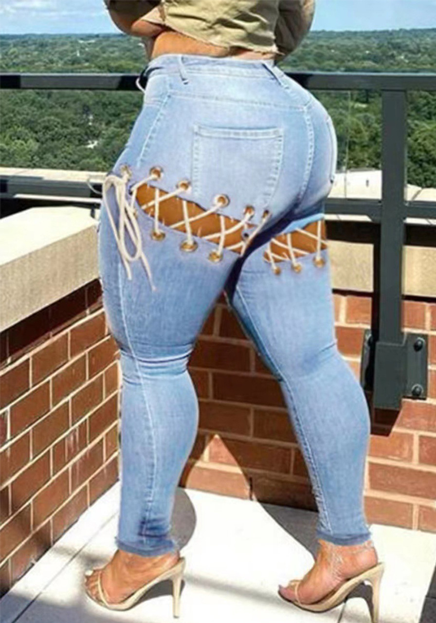 Women's Pants Sexy Baggy Plus Size Pants Casual Butt Hole Lace-Up Denim  Pants - The Little Connection
