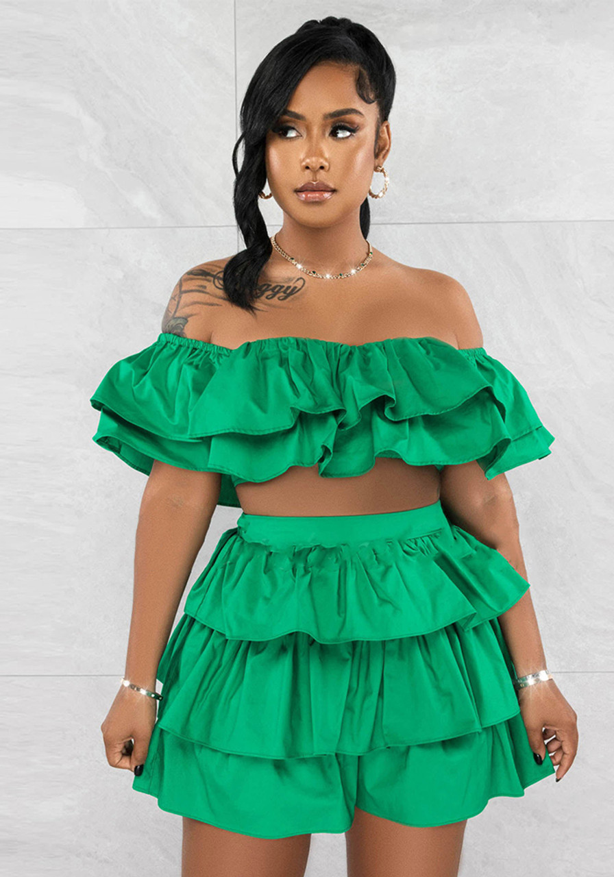 Off The Shoulder Ruffle Detail Short Two-Piece Set