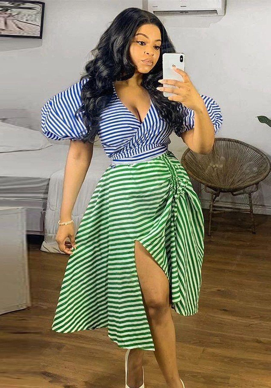 Sexy Irregular Stripe Contrast COLor Drawstring Slit Plus Size Two Piece Skirt Set Nightclub Dress - The Little Connection