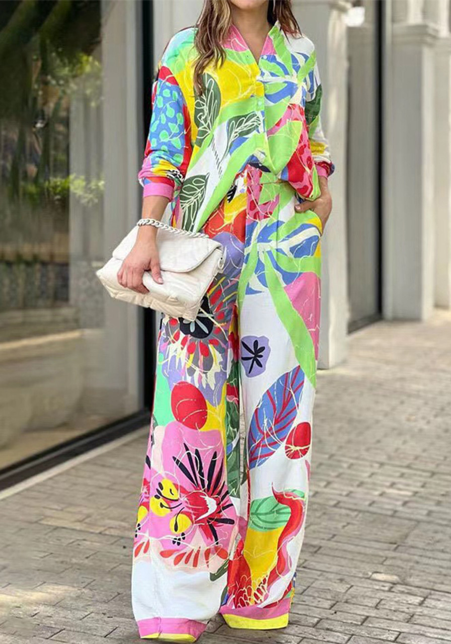 Women Long-sleeved loose-fitting shirt and high-waisted wide-leg trousers  two-piece set - The Little Connection