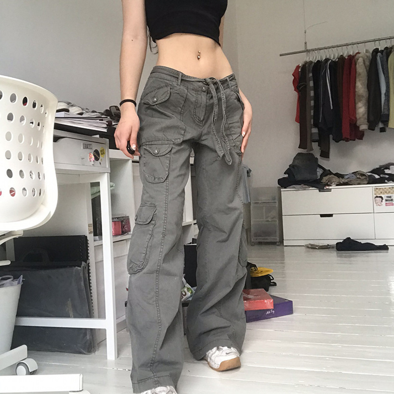 Casual Cargo Pants Low Waist Vintage Grey Loose Streetwear Baggy Jeans Women  Oversized High Street Sexy Y2K Straight Trousers - AliExpress