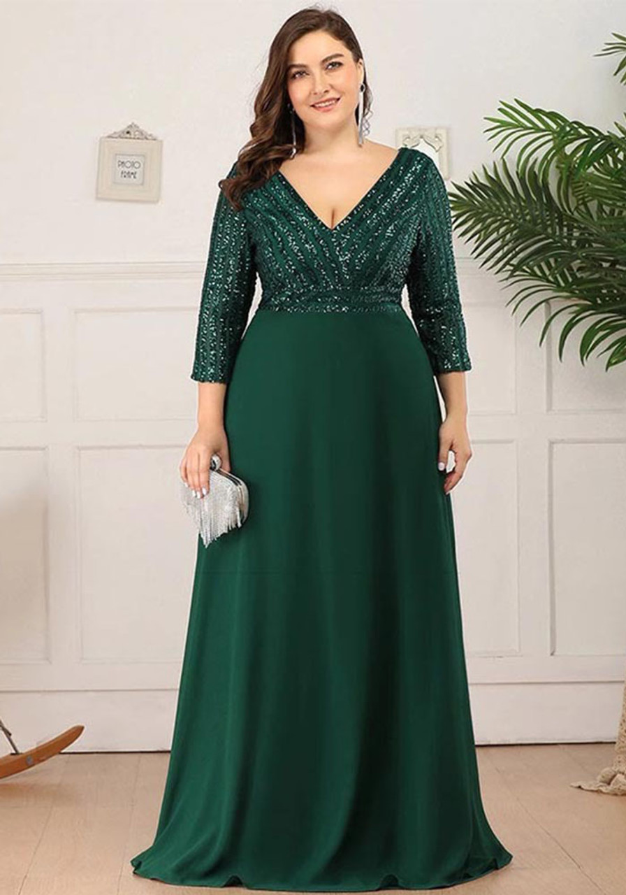 Plus Size Evening Dress Elegant Sequin Half-Sleeve Sexy V Neck