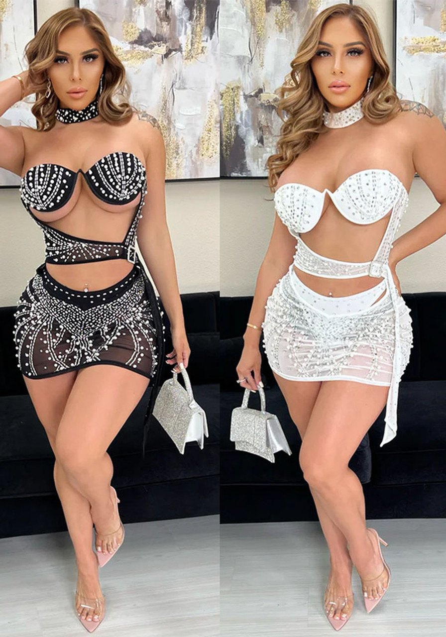 Women See-Through Mesh Tops Rhinestone Party Cocktail Crop Tops