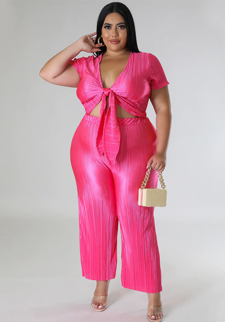 Plus Size Women Stretch Lace-Up Top and Pleated Wide-Leg Pants Two-Piece Set  - The Little Connection