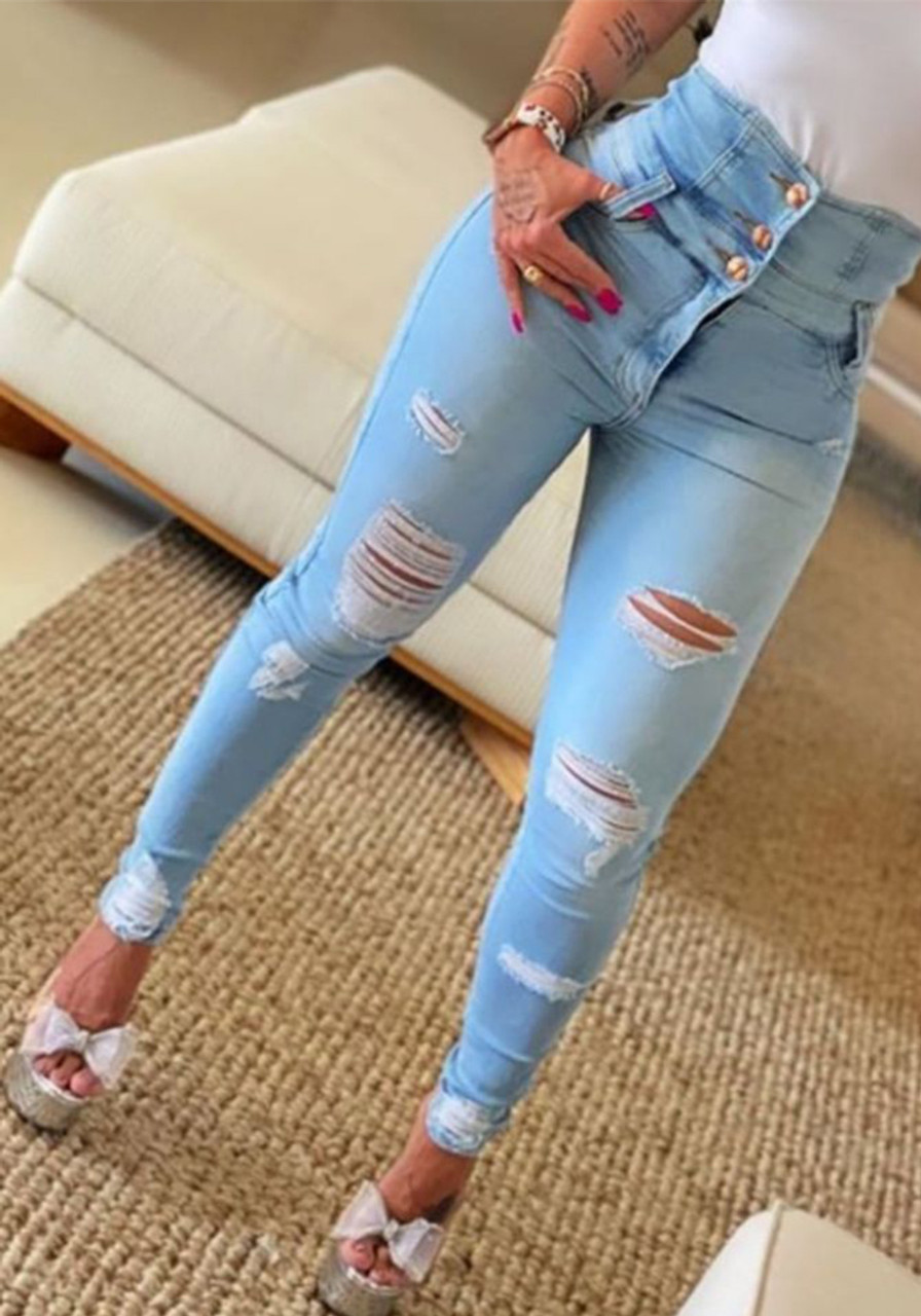 KUNMI Women High Waist Skinny Stretch Ripped Jeans Destroyed Denim Pan –  KUNMI online