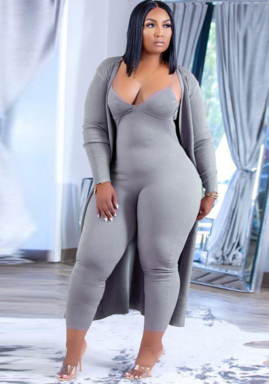Plus Size Women's Set High Knitting Ribbed Fitting Jumpsuit Coat Set - The Little Connection