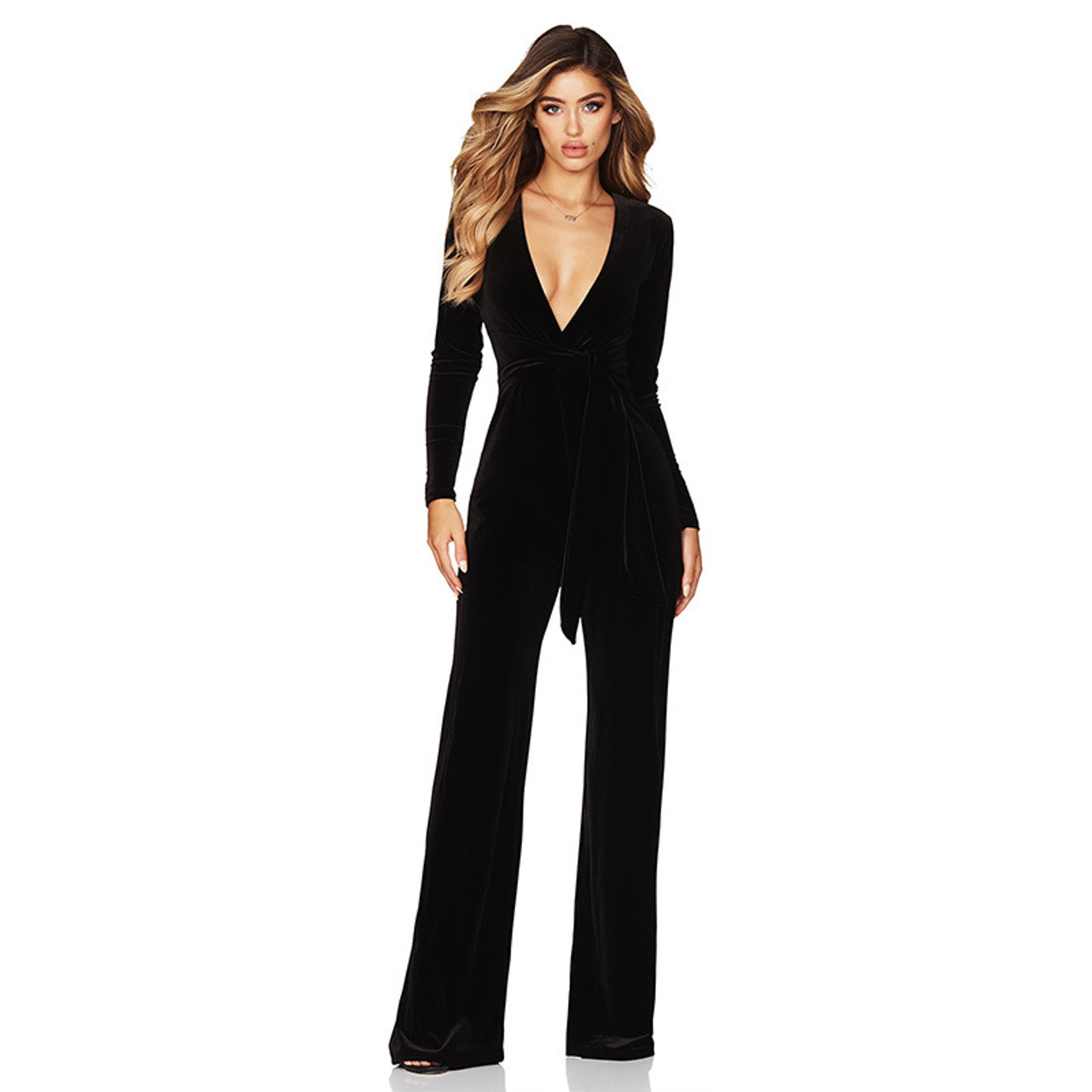 Velvet Slim Fit Solid Color Jumpsuit Fall Winter Long Sleeve Wide Leg ...